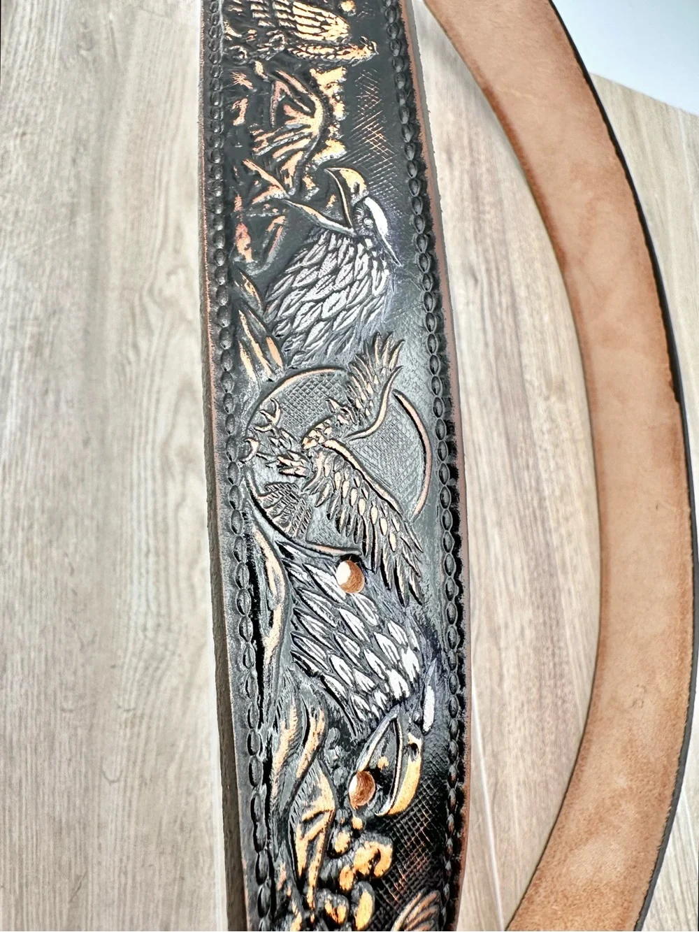 Western Eagle Tooled Leather Belt Full Grain Cowhide Handmade Heavy Duty  Sz 42